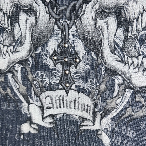 Affliction Rare Skull Thermal Waffle Knit Shirt Navy Mens Medium Y2K Grunge MMA - Picture 6 of 9